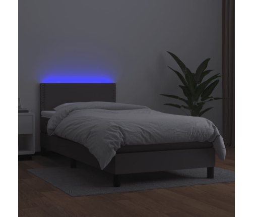 Cama box spring y colchón LED cuero sintético gris 90x190 cm