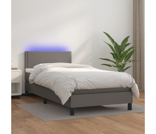 Cama box spring y colchón LED cuero sintético gris 90x190 cm