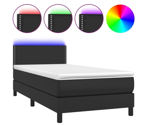 Cama box spring y colchón LED cuero sintético negro 90x200 cm