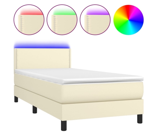 Cama box spring y colchón LED cuero sintético crema 90x200 cm