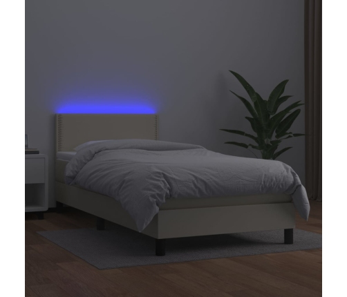 Cama box spring y colchón LED cuero sintético crema 90x200 cm