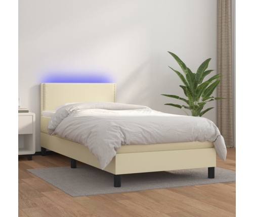 Cama box spring y colchón LED cuero sintético crema 90x200 cm