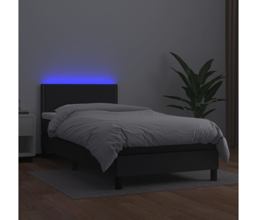 Cama box spring colchón y LED cuero sintético negro 100x200 cm