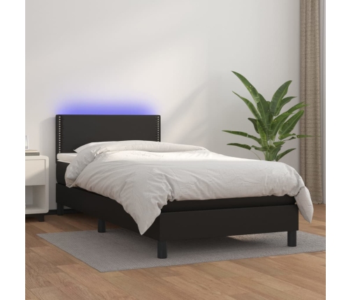 Cama box spring colchón y LED cuero sintético negro 100x200 cm