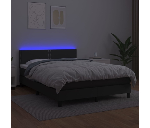 Cama box spring colchón y LED cuero sintético negro 140x190 cm