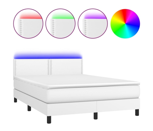 Cama box spring colchón y LED cuero sintético blanco 140x190 cm