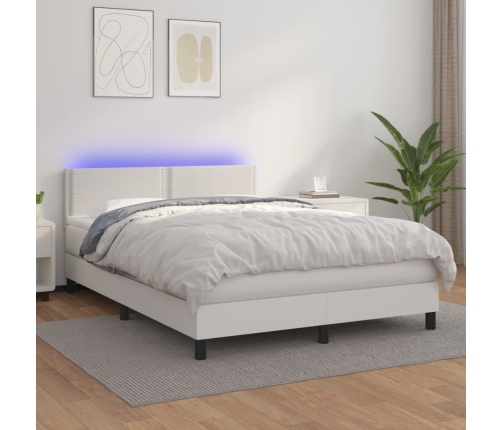 Cama box spring colchón y LED cuero sintético blanco 140x190 cm