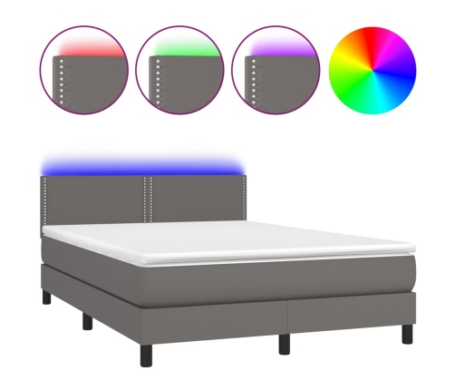 Cama box spring colchón y LED cuero sintético gris 140x190 cm