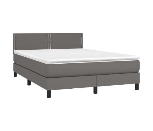 Cama box spring colchón y LED cuero sintético gris 140x190 cm