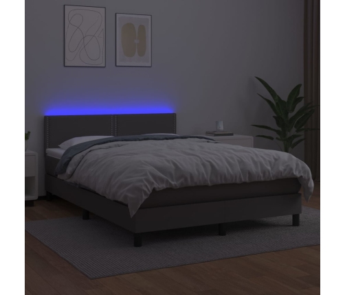 Cama box spring colchón y LED cuero sintético gris 140x190 cm