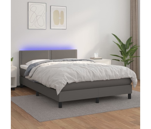 Cama box spring colchón y LED cuero sintético gris 140x190 cm