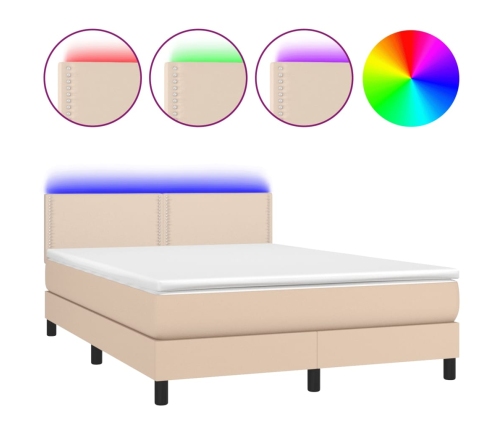 Cama box spring colchón LED cuero sintético capuchino 140x190cm