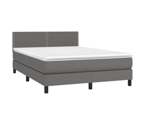 Cama box spring colchón y LED cuero sintético gris 140x200 cm