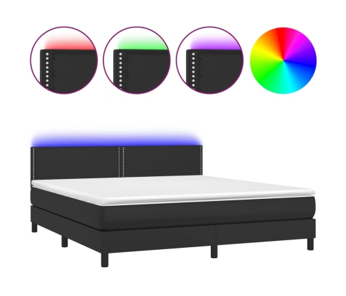 Cama box spring colchón y LED cuero sintético negro 160x200 cm