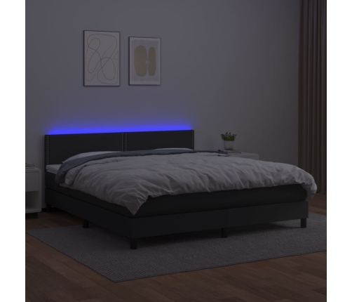 Cama box spring colchón y LED cuero sintético negro 160x200 cm