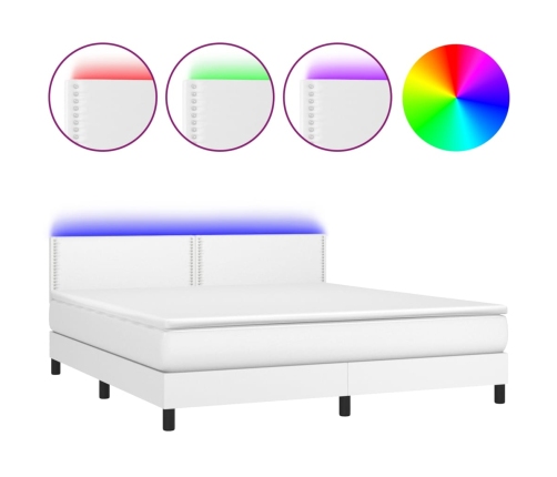 Cama box spring colchón y LED cuero sintético blanco 160x200 cm