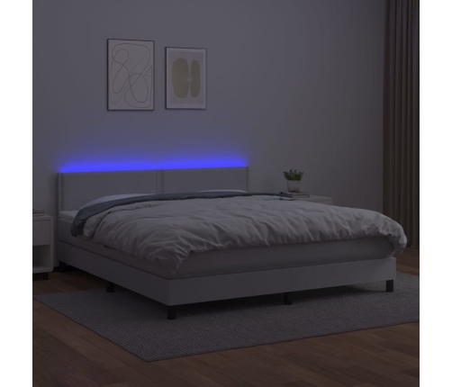 Cama box spring colchón y LED cuero sintético blanco 160x200 cm