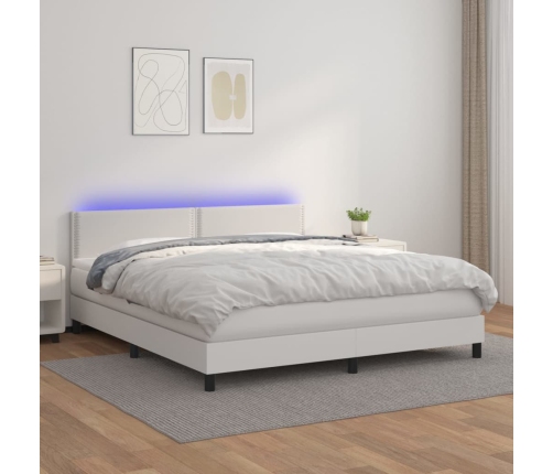 Cama box spring colchón y LED cuero sintético blanco 160x200 cm