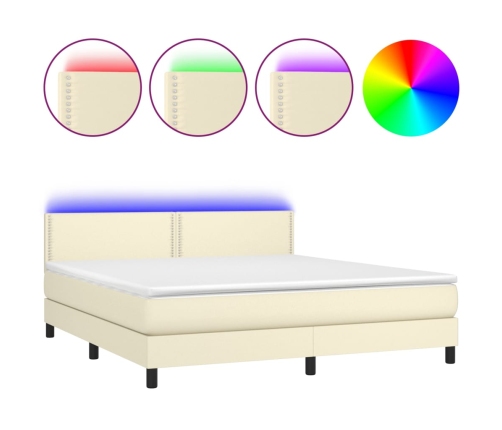 Cama box spring colchón y LED cuero sintético crema 160x200 cm