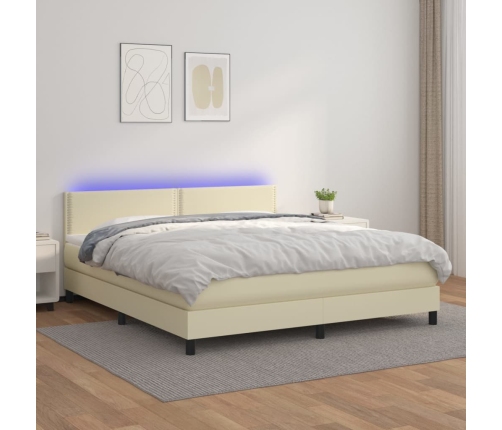 Cama box spring colchón y LED cuero sintético crema 160x200 cm