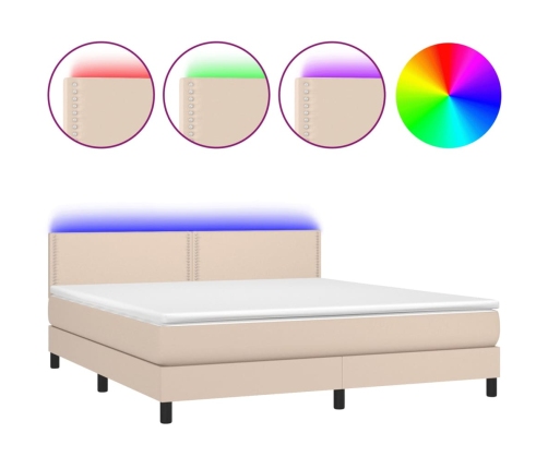 Cama box spring colchón LED cuero sintético capuchino 160x200cm