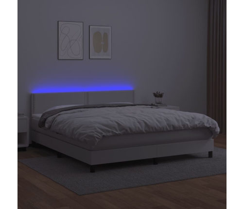 Cama box spring colchón y LED cuero sintético blanco 180x200 cm