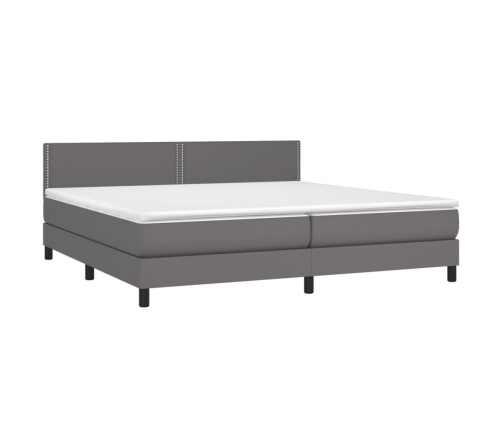 Cama box spring colchón y LED cuero sintético gris 200x200 cm