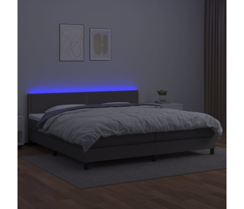 Cama box spring colchón y LED cuero sintético gris 200x200 cm