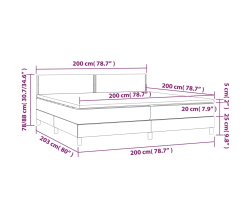 Cama box spring colchón y LED cuero sintético gris 200x200 cm