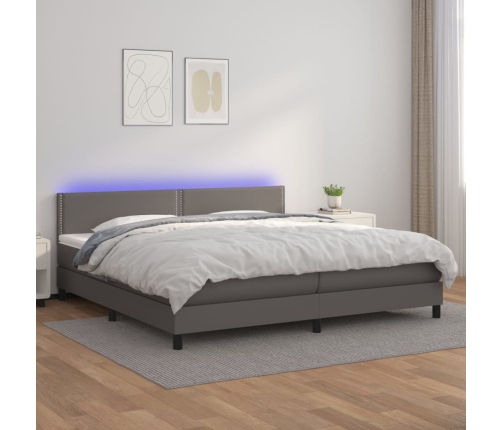 Cama box spring colchón y LED cuero sintético gris 200x200 cm