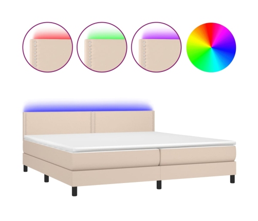 Cama box spring colchón LED cuero sintético capuchino 200x200cm