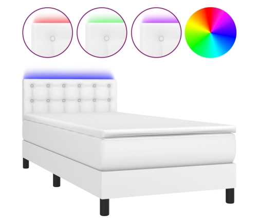 Cama box spring y colchón LED cuero sintético blanco 80x200 cm