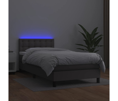 Cama box spring y colchón LED cuero sintético gris 80x200 cm