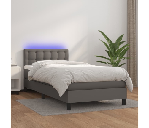 Cama box spring y colchón LED cuero sintético gris 80x200 cm