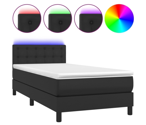 Cama box spring y colchón LED cuero sintético negro 90x190 cm