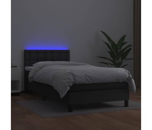 Cama box spring y colchón LED cuero sintético negro 90x190 cm