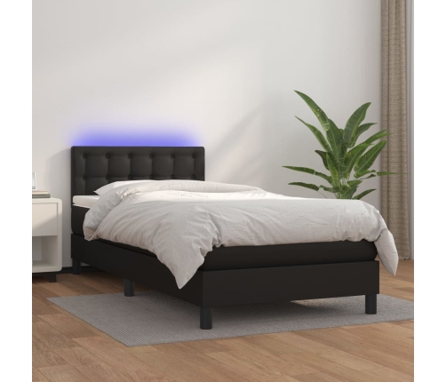 Cama box spring y colchón LED cuero sintético negro 90x190 cm