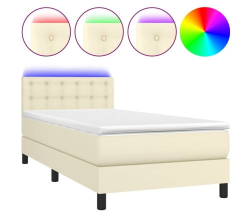 Cama box spring y colchón LED cuero sintético crema 90x200 cm