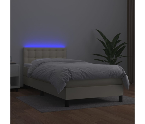 Cama box spring y colchón LED cuero sintético crema 90x200 cm