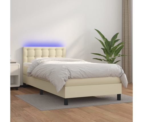 Cama box spring y colchón LED cuero sintético crema 90x200 cm