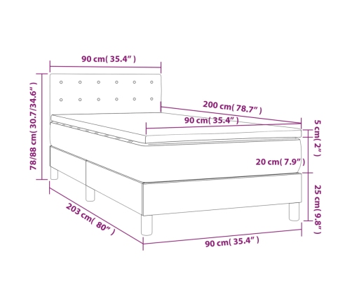 Cama box spring y colchón LED cuero sintético gris 90x200 cm