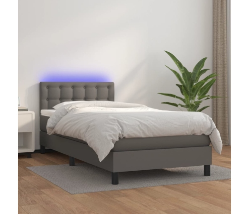 Cama box spring y colchón LED cuero sintético gris 90x200 cm