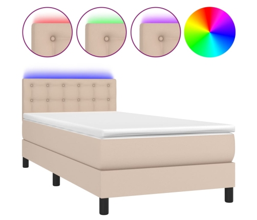 Cama box spring colchón LED cuero sintético capuchino 90x200 cm