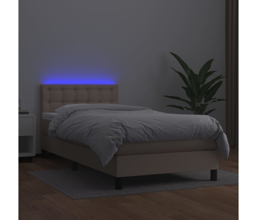 Cama box spring colchón LED cuero sintético capuchino 90x200 cm