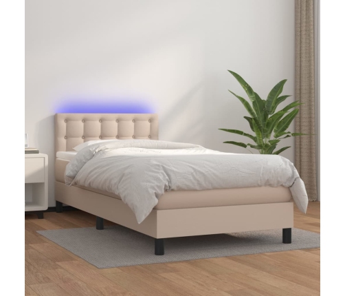 Cama box spring colchón LED cuero sintético capuchino 90x200 cm