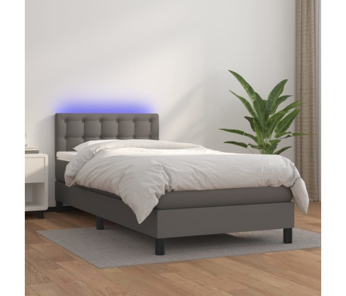 Cama box spring colchón y LED cuero sintético gris 100x200 cm