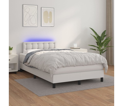 vidaXL Cama box spring colchón y LED cuero sintético blanco 120x200 cm