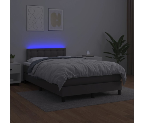 Cama box spring colchón y LED cuero sintético gris 120x200 cm