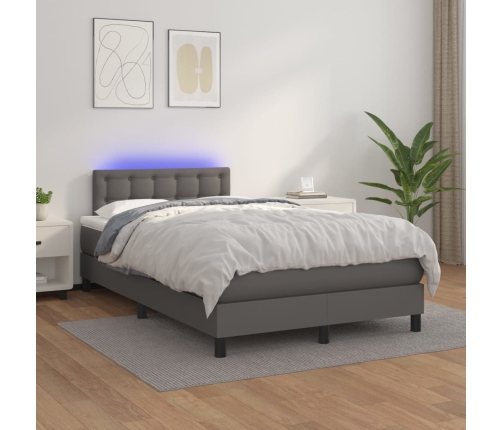 Cama box spring colchón y LED cuero sintético gris 120x200 cm