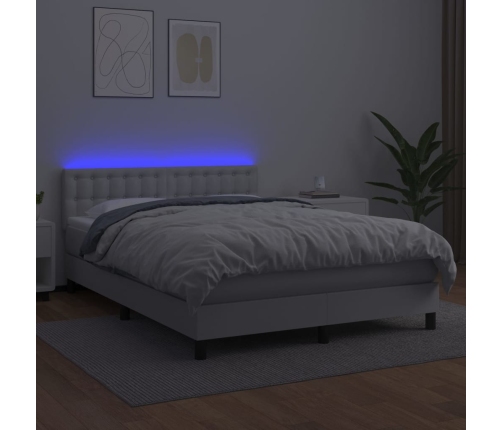 Cama box spring colchón y LED cuero sintético blanco 140x190 cm